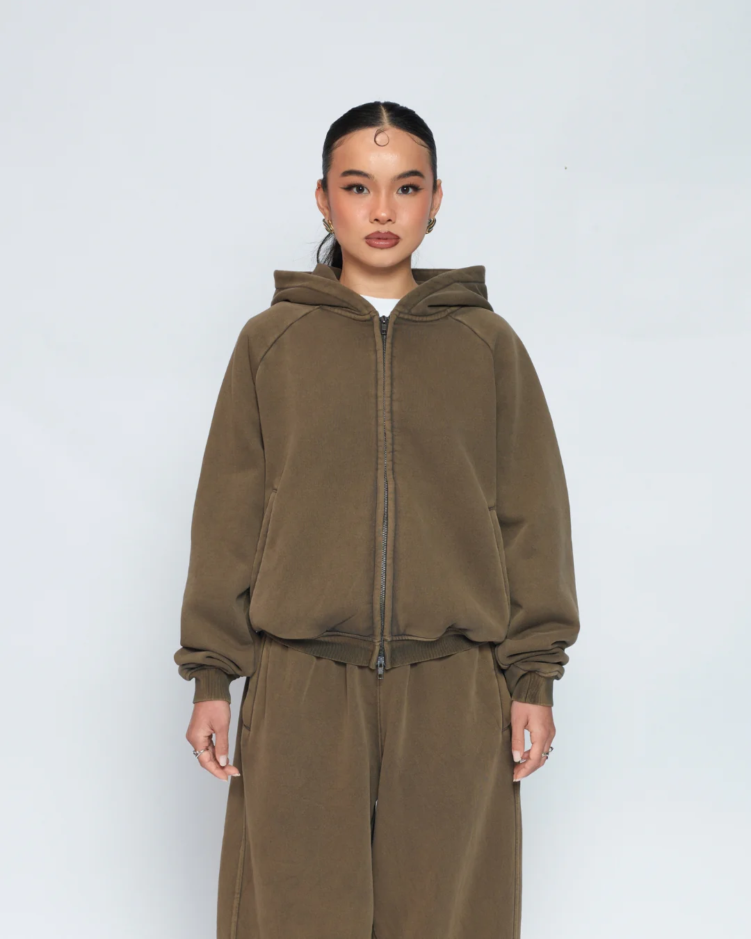 Zip Up Hoodie (Washed Olive) - Image 2